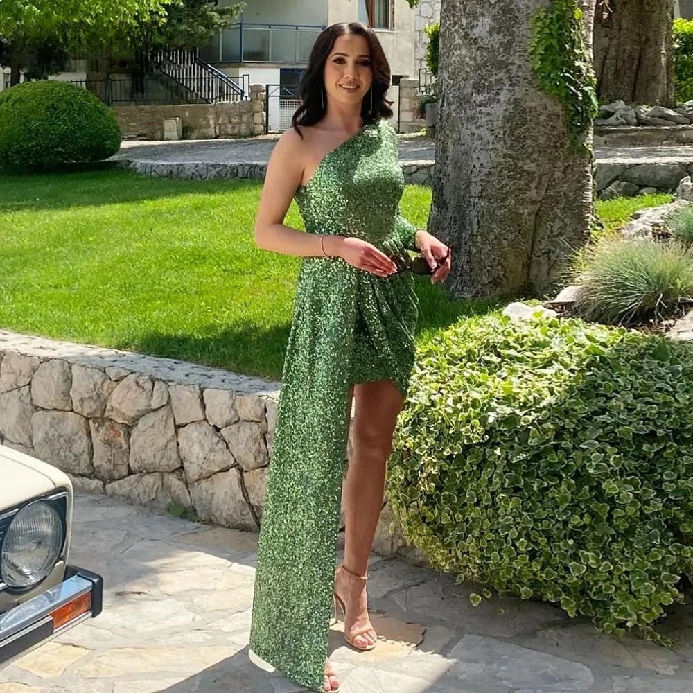 

Fashionvane Short Sequins Prom Dresses One Shoulder Long Sleeve Robe Des Cocktail Party Women Wear Flutters Night Club Gowns