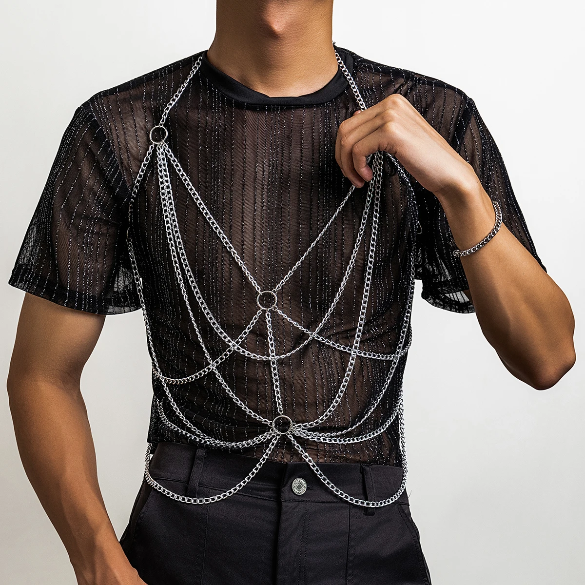 

KunJoe Punk Multilayer Circle Aluminum Cross Chain Halter Chest Chain for Men Gay Harness Sexy Party Clubwear Body Jewelry