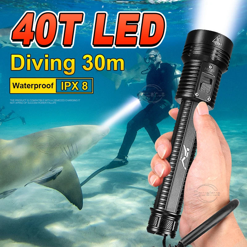 

Новейсветильник профессиональный фонарик T40 для дайвинга, светодиодный фонарик высокой мощности 18650, подводный водонепроницаемый перезаря...
