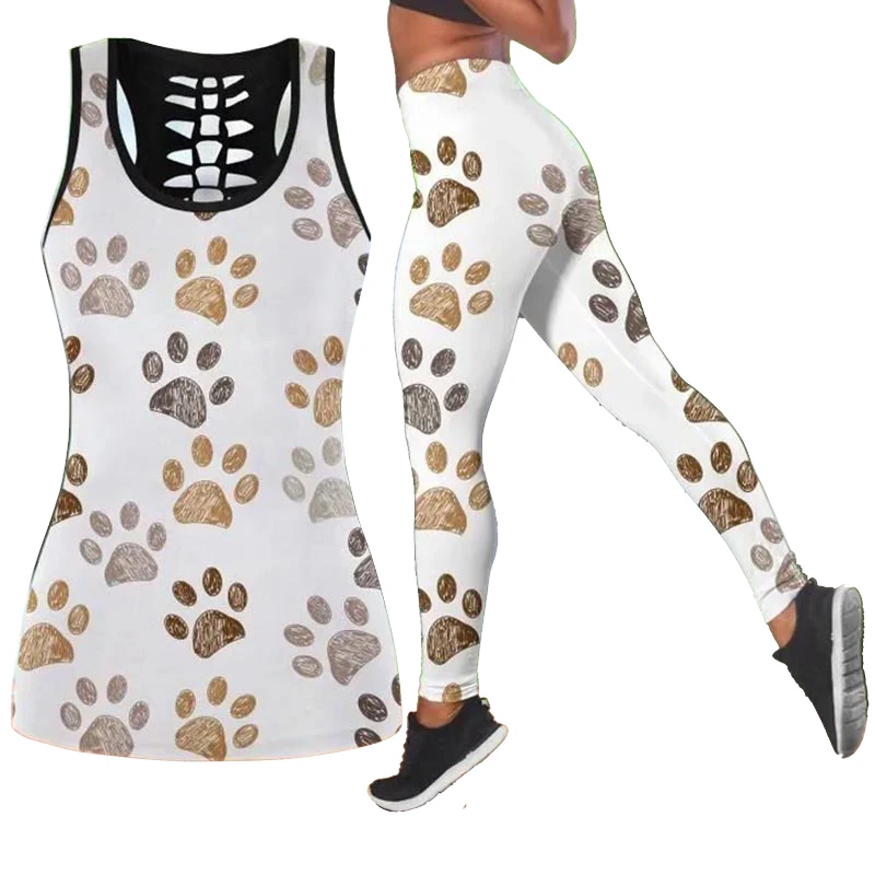 

Women Fashion 3D Print Two Pieces Set Sleeveless Shirt and Legging Summer Combo Cat Tailor Tank Top & Legging Outfit
