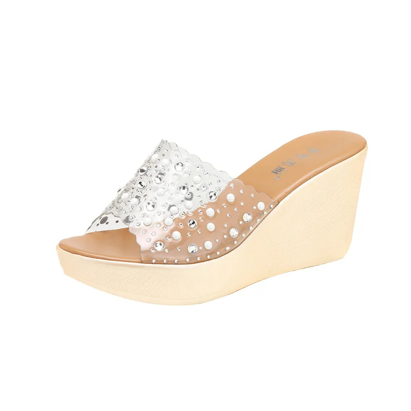 

8cm Small Big Size 32-43 Fashion Transparent Clear Crystal Wedges Slippers Summer 2023 High Heels Platform Slides Office Beach