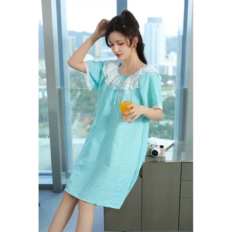 YFTNH Summer Womens Nightgown Plaid Lace Crew Neck Soft Breathable Short Sleeve Night Shirts for Ladies Sleepwear Nighties