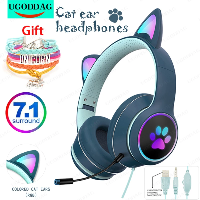 

Cat Ear Gaming Wired Headsets With Dual Mic 7.1 Channel Stereo RGB Lighting Child Girl Headphones For PS4/Phone/PC Earphone Gift