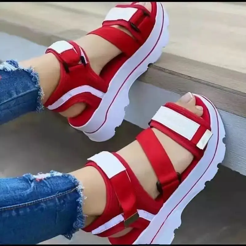 

2022 Brand Design Cutout Ladies Sandals Round Toe Platform Shoes Summer Women's Ankle Strap Casual Platform Flats