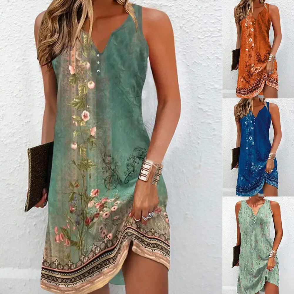 

Women's Dresses Summer Fashion Stitching V Neck Loose Bohemian Vacation Woman Basic Sleeveless Vestidos 2023