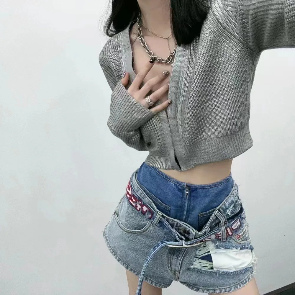 Женские синие джинсовые брюки с ремнем летние Рваные шорты высокой талией и