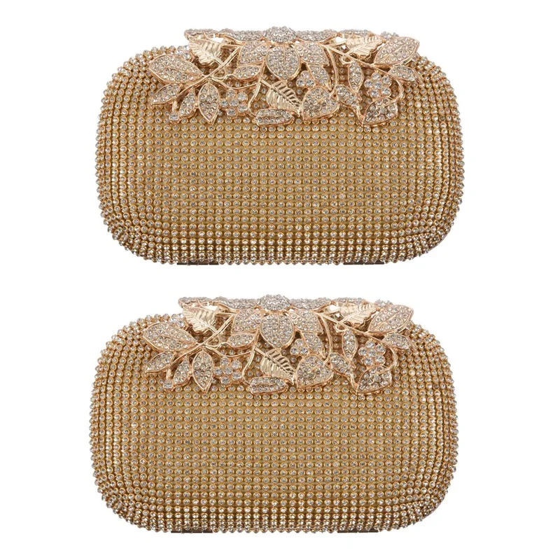 

2X Unique Gold Rhinestone Evening Bag Clutch Purse Party Bridal Prom