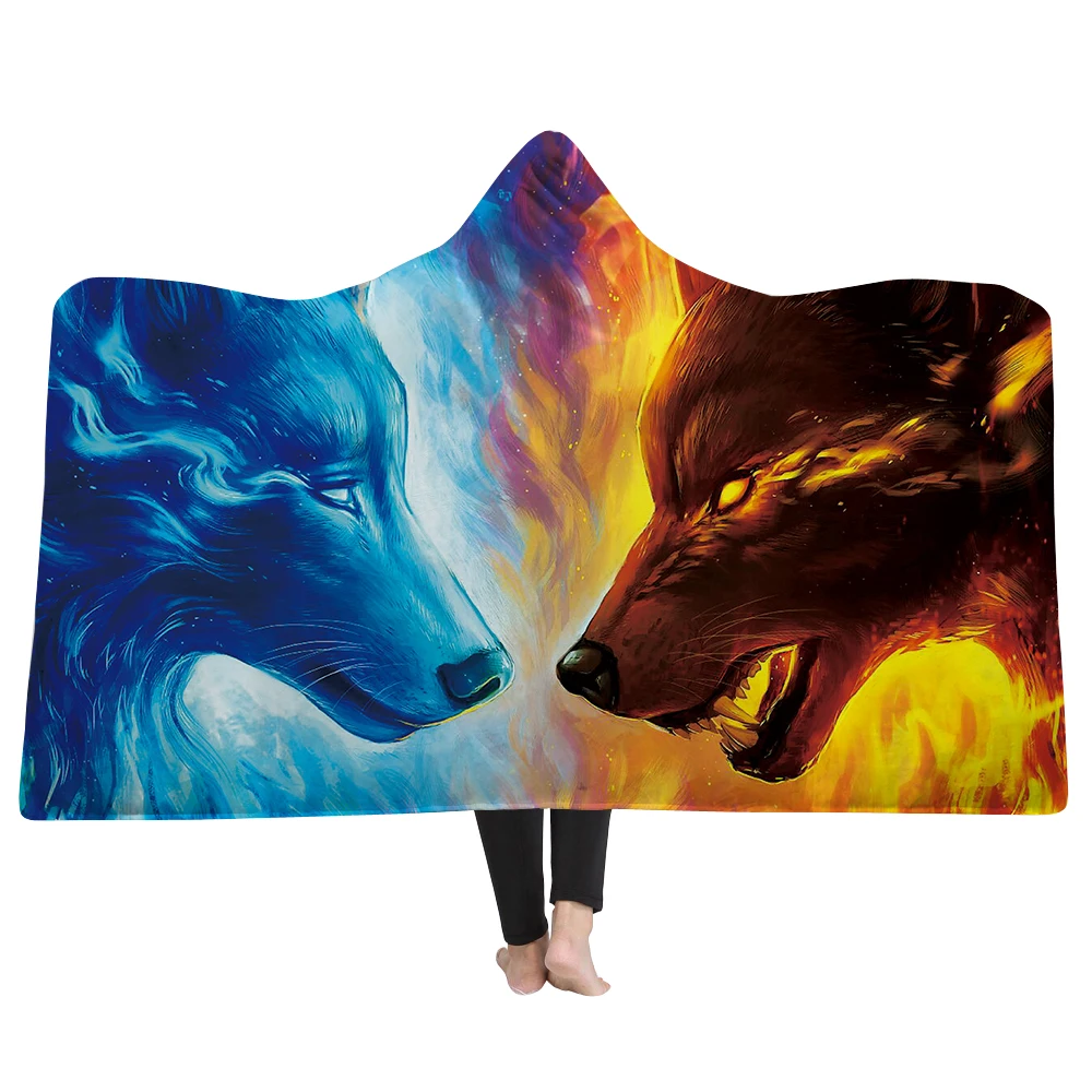 3D Wolf Hoodie Blankets Warm Fleece weighted Blankets Traveling Camping Hooded throw Coral Fleece winter blankets for beds
