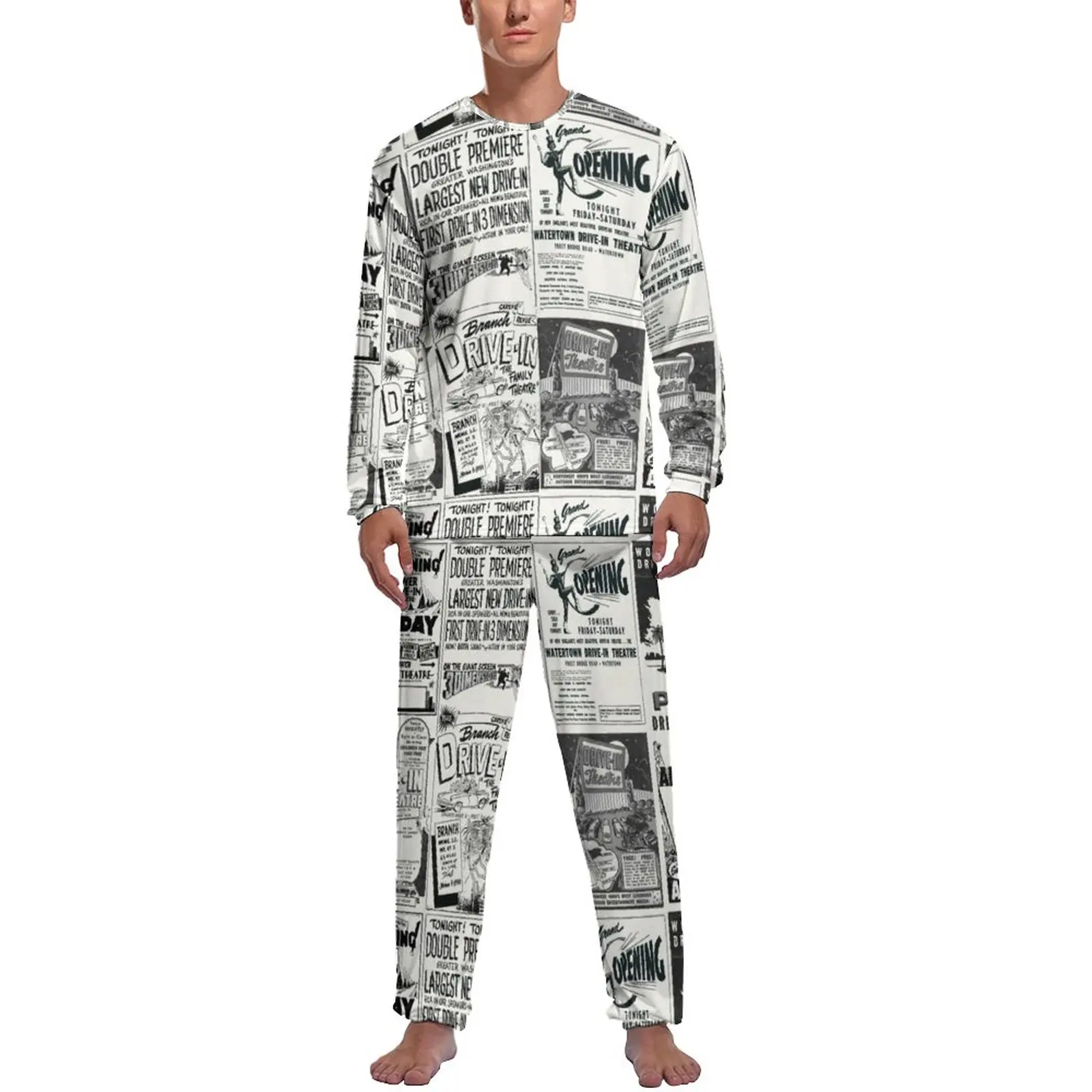 Newspaper Adverts Pajamas Daily Movie Flyers Casual Home Suit Man 2 Pieces Graphic Long Sleeve Kawaii Pajamas Set