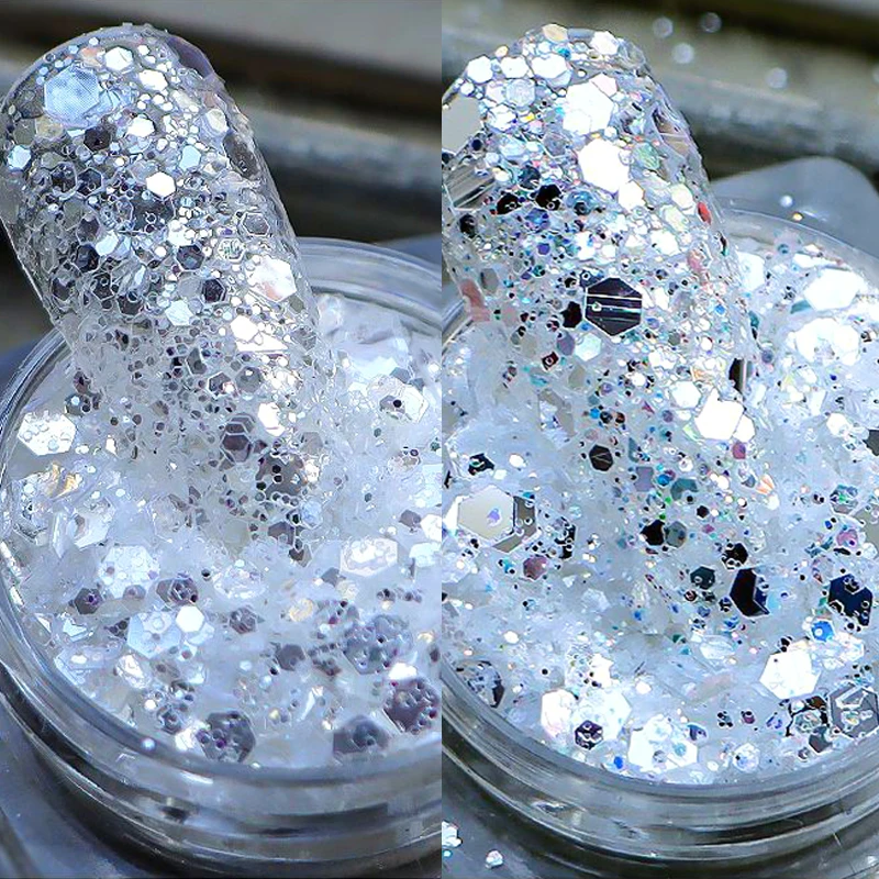 10g/Bag Super Holographic Silver Mixed Nail Art Glitter Sequins Sparkly Mirror Chunky Flakes 3D Paillette Manicure DIY Supplies