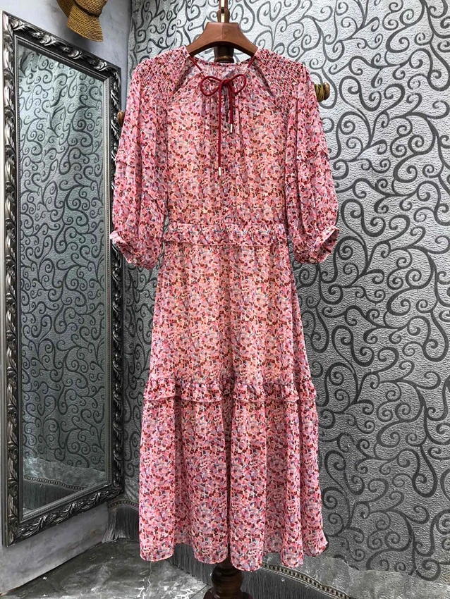 2023 new womens fashion medium sleeve neckline strap floral print casual long dress dress 0325