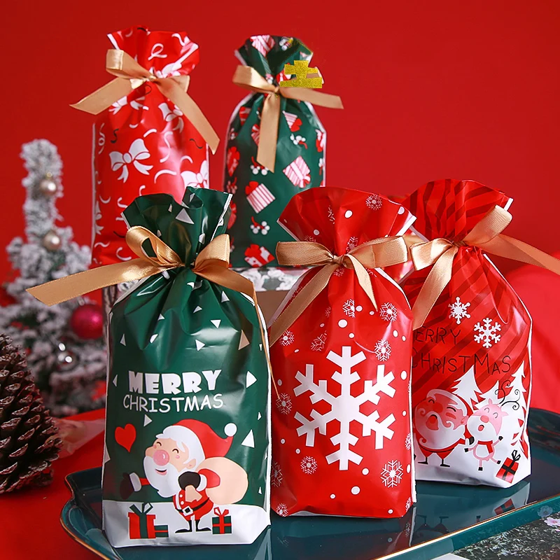 

10 шт. рождественские подарочные пакеты, Рождественский мешок для печенья с Сантой, конфеты, снежинки, хрустящий мешок на шнурке, рождественские украшения для дома, новый год