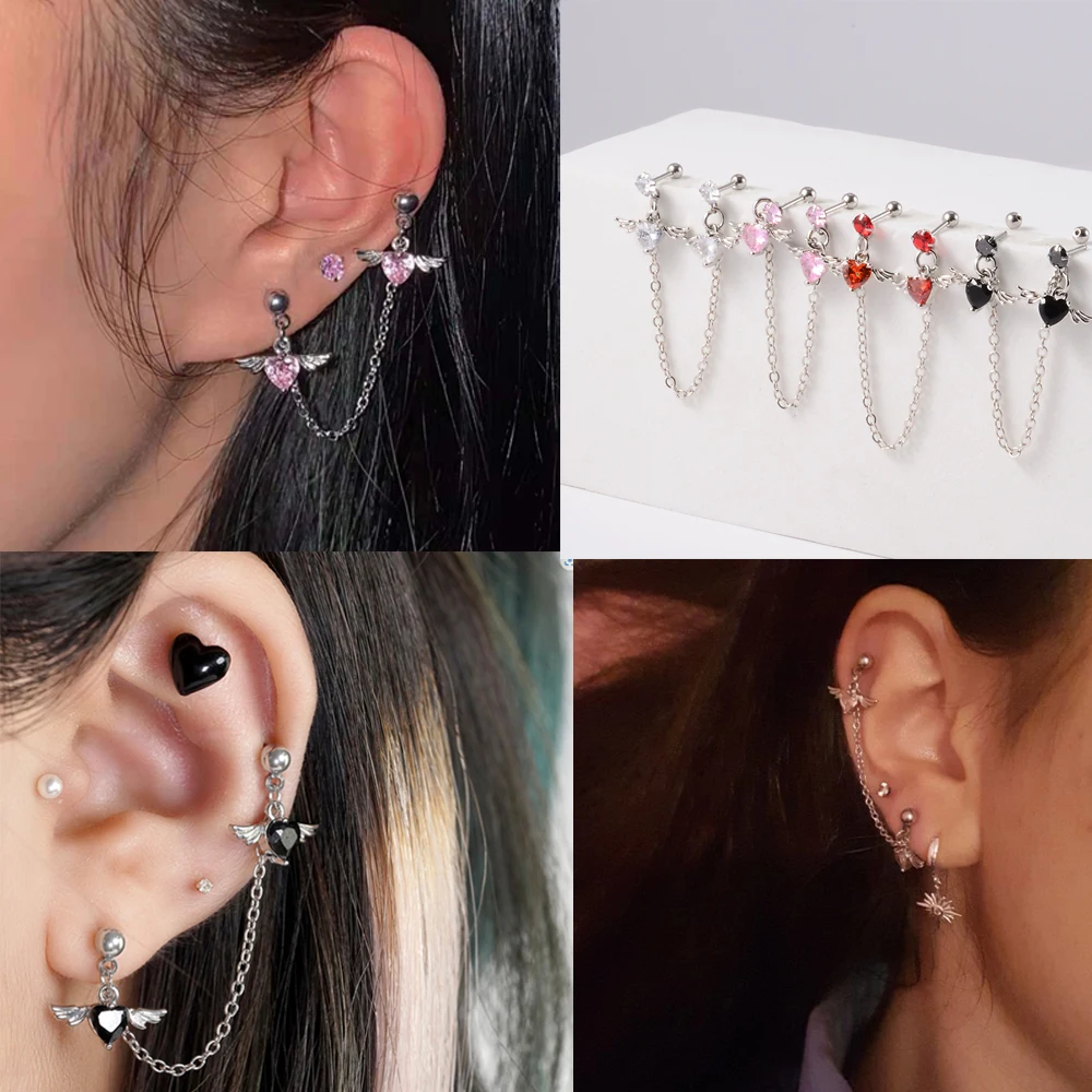 

1Pc Shin Angel Wings Heart Piercing Earring for Women Zircon Love Heart Chain Tassel Ear Stud Helix Earrings Boday Jewelry
