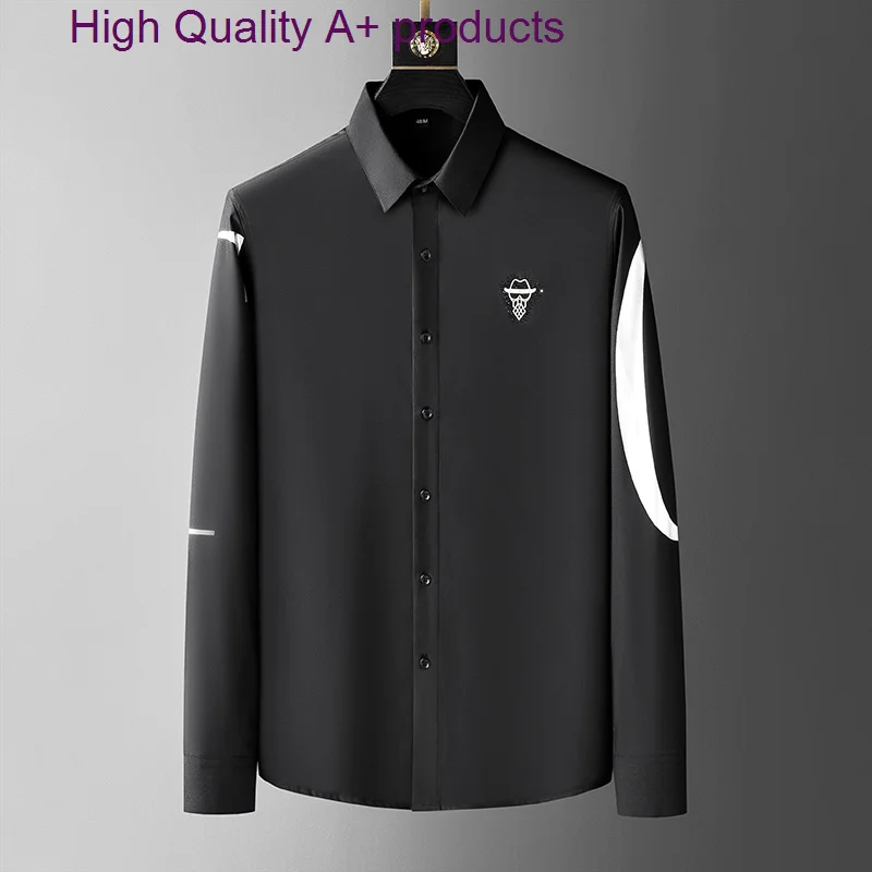 

2023 Fall Alphabet Pattern Rhinestones Shirt for Men Long Sleeve Casual Business Dress Shirts Social Party Tuxedo Chemise Homme