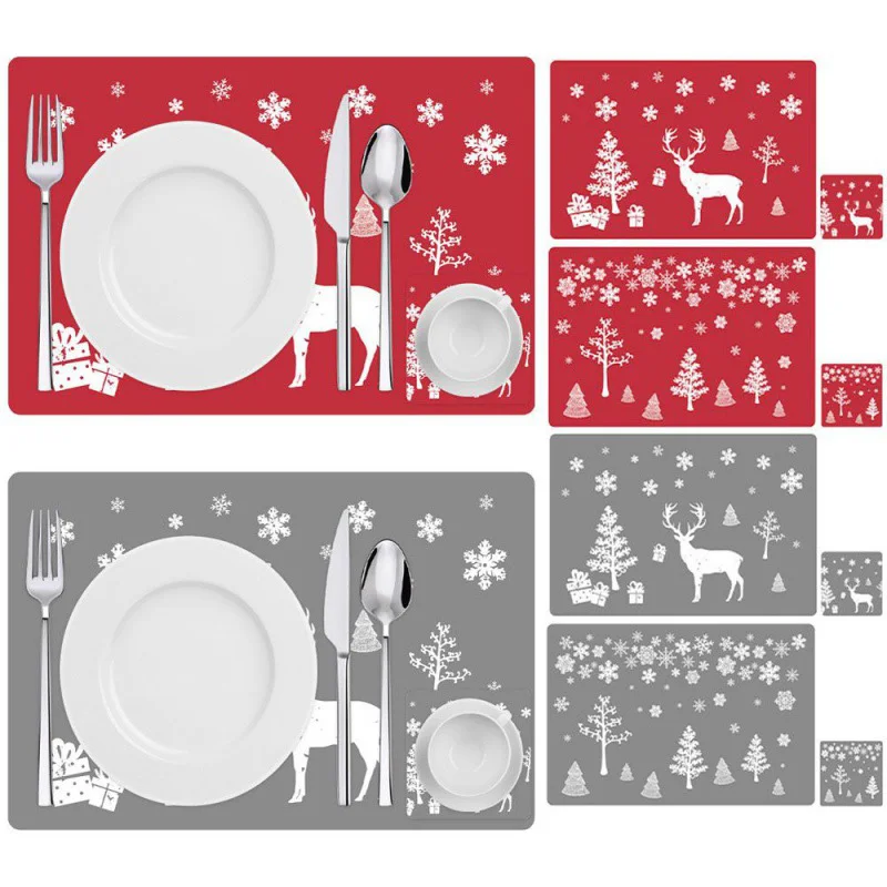 

6Pcs Christmas Printing Placemat Coaster PVC Heat Insulation Non-slip Placemat Washable Creative Tabletop Decoration Xmas Gift