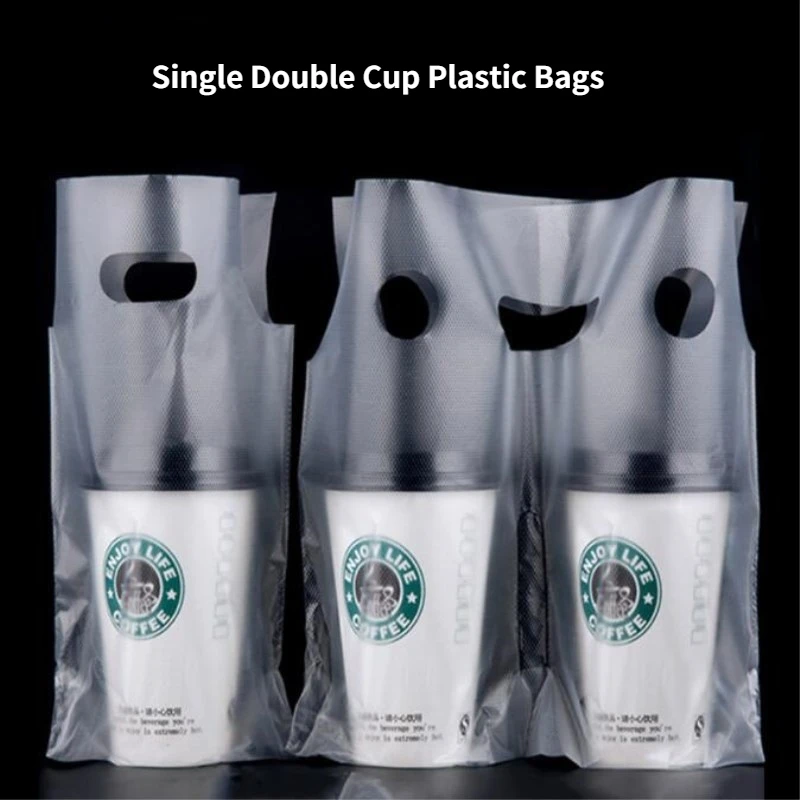 100pcs Handle Bags Coffee Bag Transparent Tote Packaging Pocket Single Double Cup Plastic Shopping Bags Cokes Tea Drink Pouches