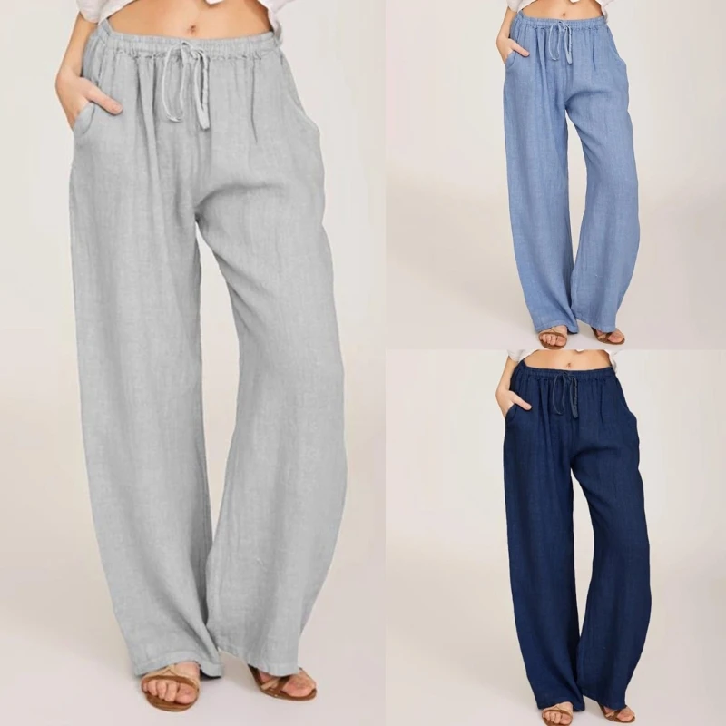 

Women Drwstring Elastic Waist Linen Pants Straight Lounge Trousers with Pockets