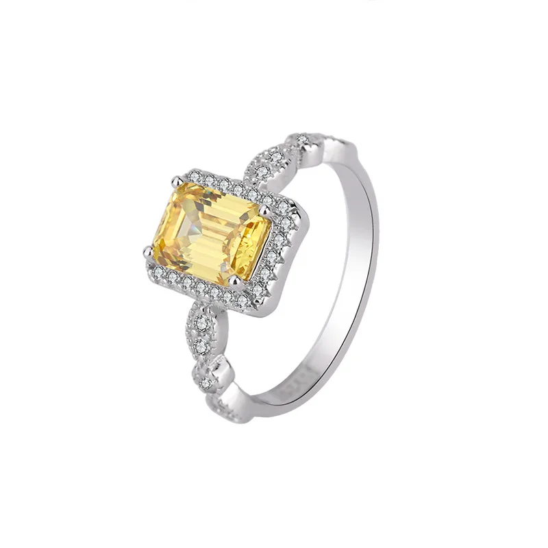 

New fashion trend S925 silver inlaid 5A zircon color treasure emerald ruby yellow diamond inlaid ring main stone