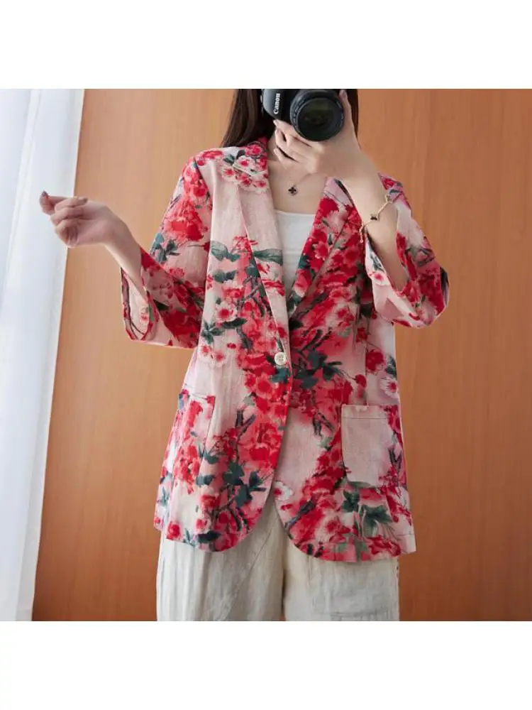 

New 2022 Summer Women Cotton Linen Retro Printed Single Button Blazers Casual Pockets Loose Suit Coat Blazer Women Thin Top M99
