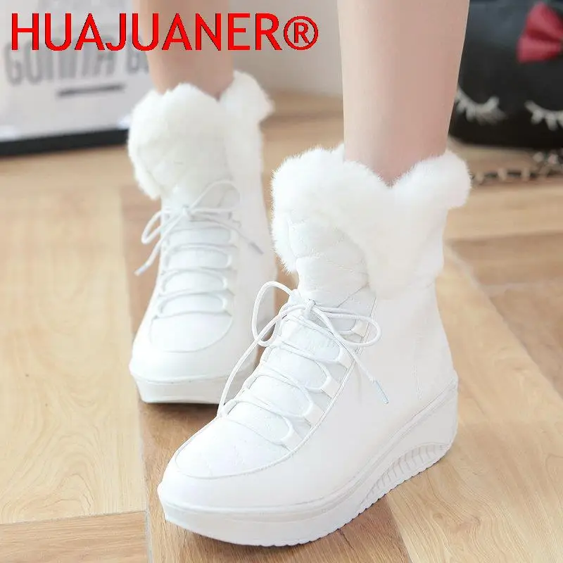 

Black White Winter Boots Waterproof Women Snow Boots Flat Thick Heel Ankle Boots Plush Winter Women Shoes Plus Size 41 42 43