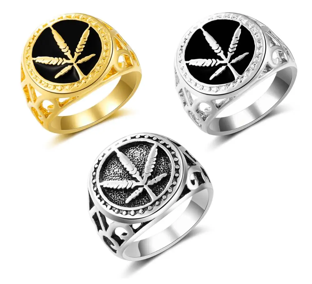 

Punk Vintage Mari-juana Shape Ring Hemp Leaf Men Punk Ancient Silver Gold Color Drop Oil Ring Anel Male Finger Jewelry Gift