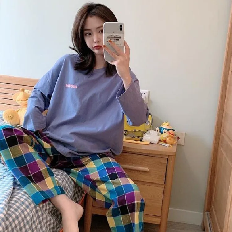 

Plaid Pajamas Women's Spring And Autumn Suit Autumn Home Long Sleeve Casual Korean Color Contrast Home Wear Autumn And Winter Lo