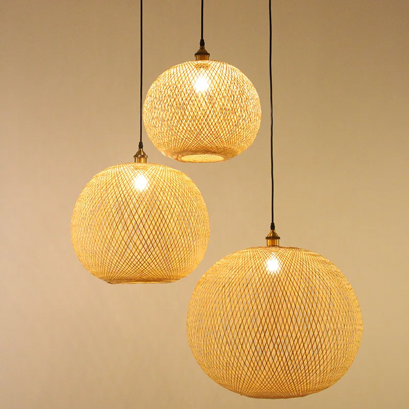 Bamboo Lantern Pendant Lamp Natural Rattan Wicker Chandeliers Hand-Woven Bamboo Lampshades E27 Lighting Fixtures Hanging Light