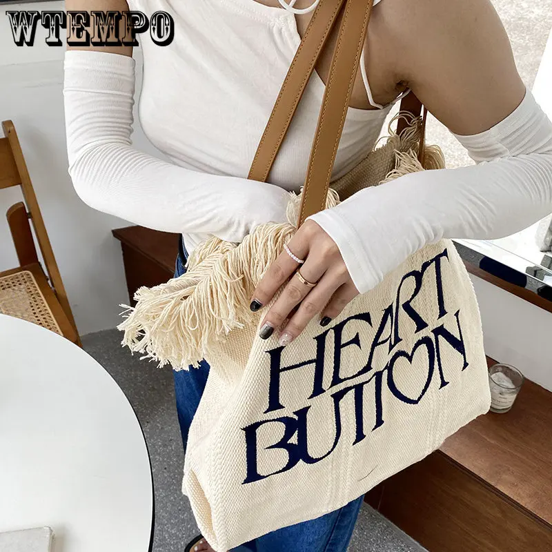 Letter Embroidered Shoulder Underarm Messenger Bag Tassel Canvas Bags Large Capacity Women's Beach Handbag Travel Shopping Tote