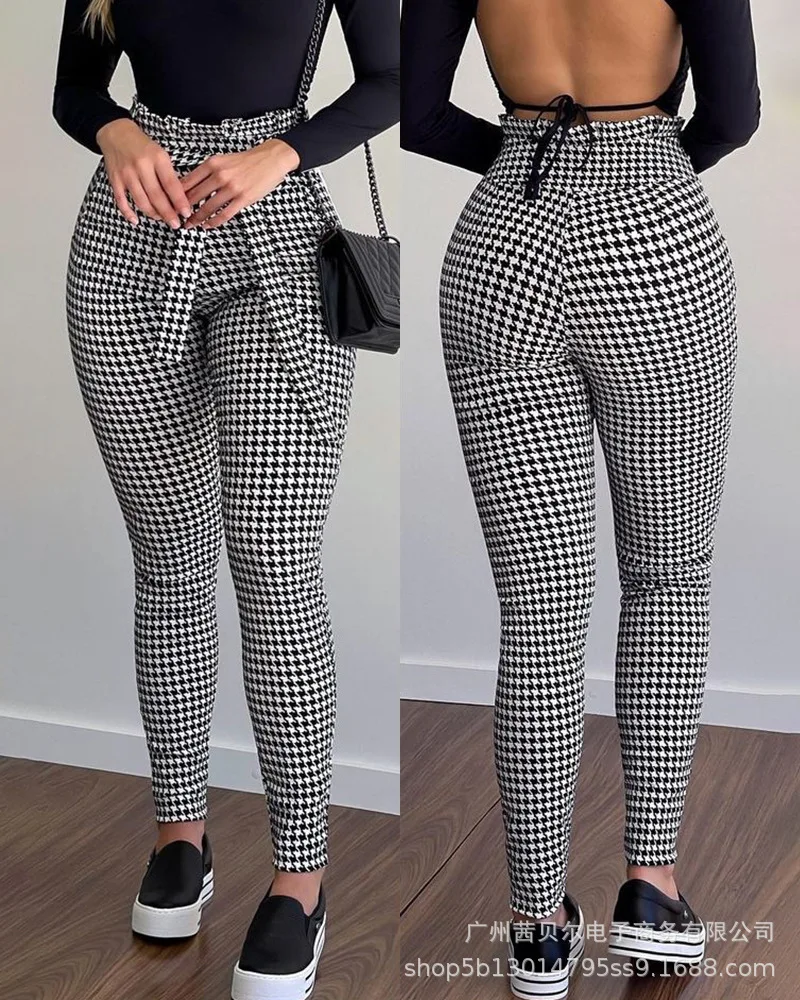

2022 Summer New Women Black Houndstooth Lace-up Tights Pants Fashion High Waist Trousers