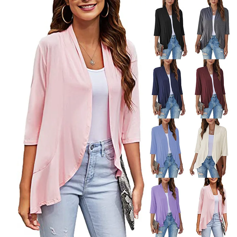 

Women's autumn new solid color cardigan coat three-quarter sleeve ruffle top