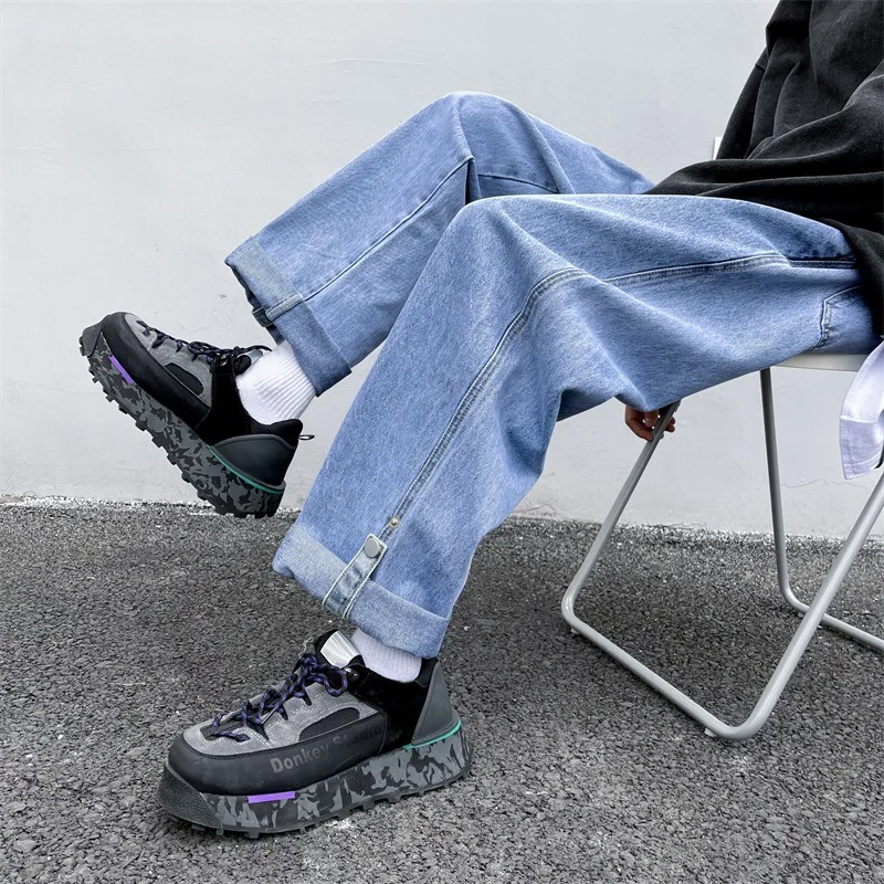 DEEPTOWN Vintage Straight Jeans Men Classic Solid Casual Denim Pants Retro Loose Streetwear Trousers Male Black Blue Spring