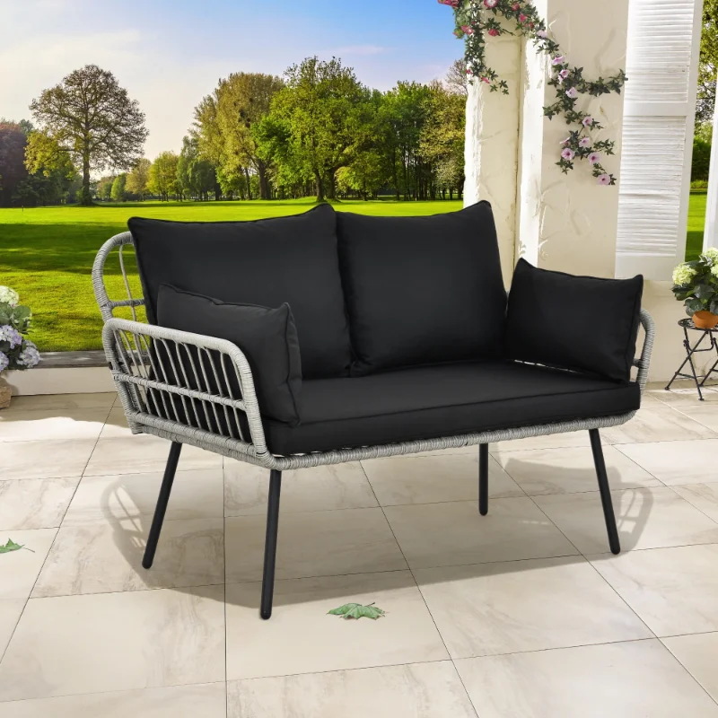 

DEXTRUS Patio Loveseat Sofa, All-Weather Wicker Rattan 2 Seater Sofa with Cushions & Lumbar Pillows