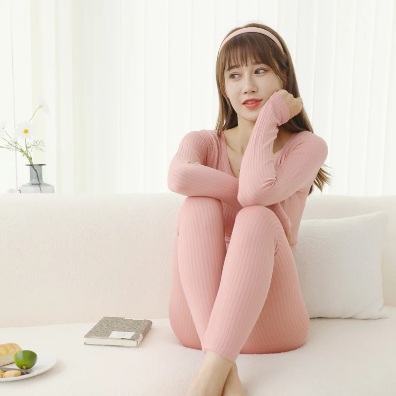 Winter Thermal Underwear Set Women's Vertical Bar Constant Temperature Slim Cotton Round Neck Comfortable Bottoming Shirt