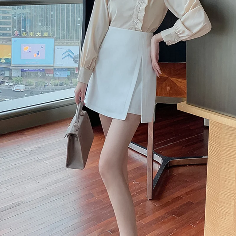 

2021 spring new style skirt high waist fashion irregular culottes black short skirt A-line skirt split hip skirt