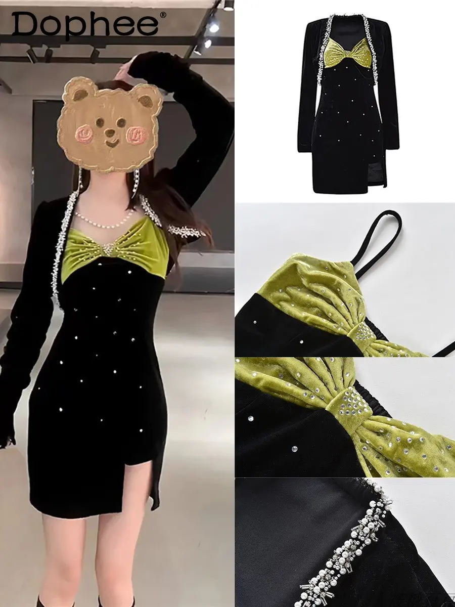 

Socialite Bow Bandeau Sling Dress High-End Black Velvet Short Coat Exquisite Rhinestone Hot Girl Mini Dress Two-Piece Set Women