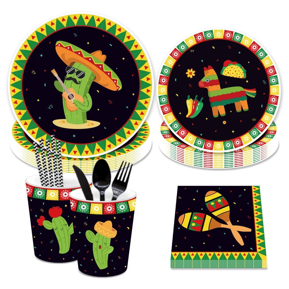 

Summer Mexican Party Disposable Tableware Decorations Sets Cartoon Alpaca Cactus Plates Napkin Cups Hawaii Party Decorations