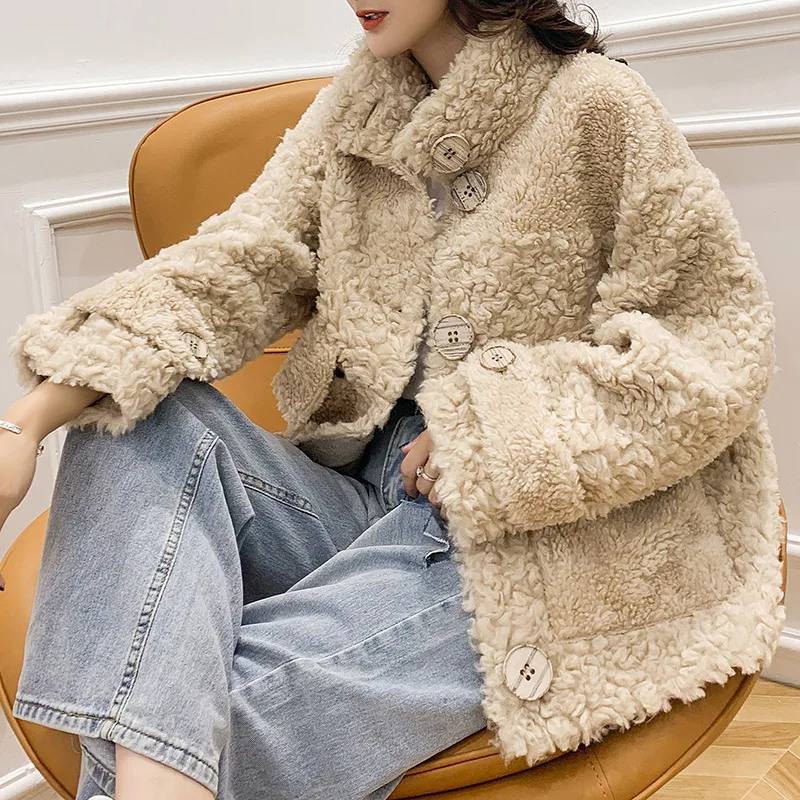 Winter Women Jacket Natural Real Fur Coat Knitting Wool Turn-down Collar Thick Warm Outerwear Fashion Luxury Brand Streetwear