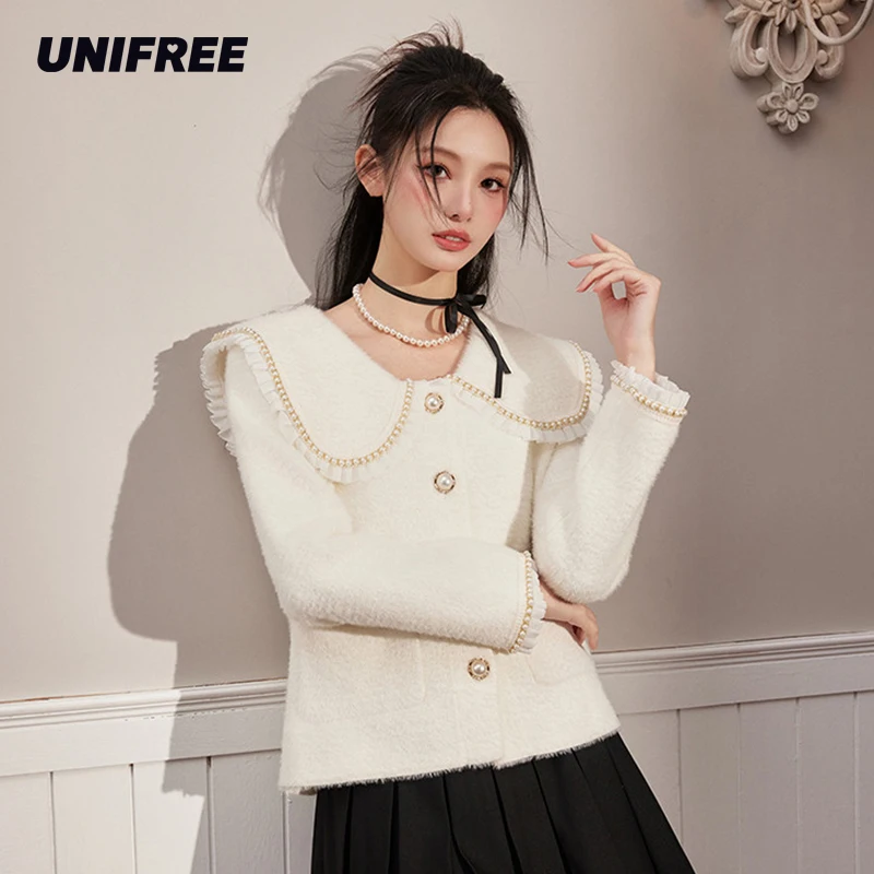 

UNIFREE Sailor Collar Loose Cardigan for Women Autumn Winter Pearl Stripe Decoration Thicken Short Knitted Sweater Jacket Coat