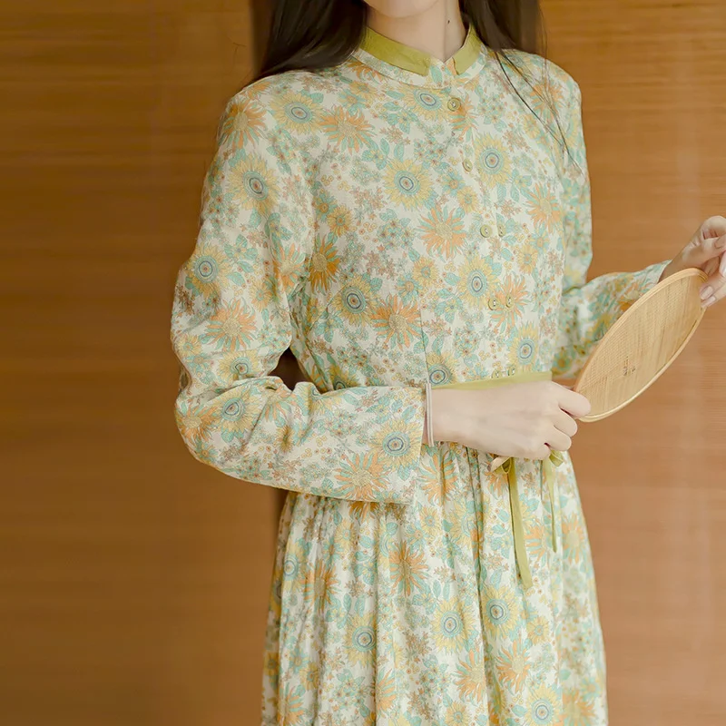 

Maje hoydsn [A flower border]Printed Dress sunflower modified version loose and thin gift belt medium length skirt thin