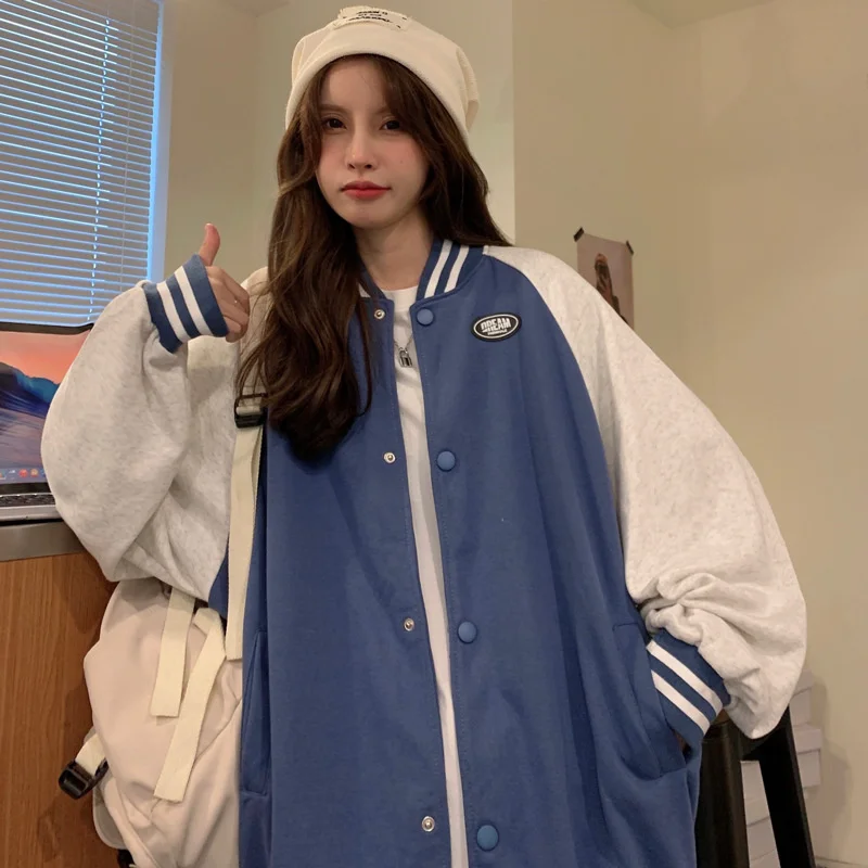 

Splicing Baseball Jacket Women's autumn and winter long sleeve loose medium and long cardigan top women's wear