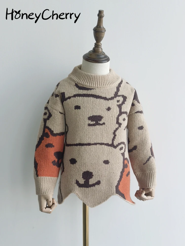 

HoneyCherry New Children's Cartoon Sweater Hem Irregular Medium Length Thickened Sweater knitted sweater