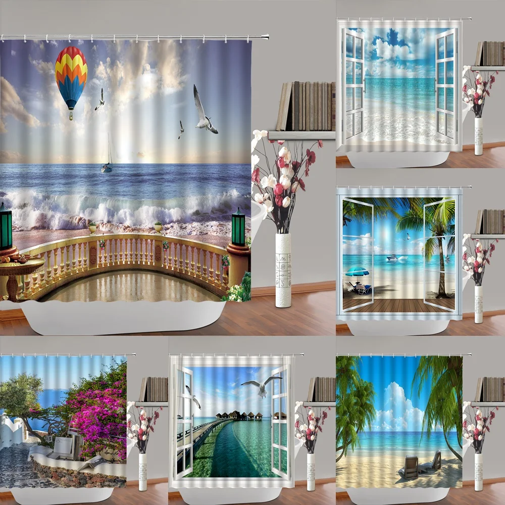 

Blue Ocean Sandy Beach Palm Trees Shower Curtains Tropical Sea Window Scenery Bathroom Curtain Frabic Bathtub Screen with Hooks