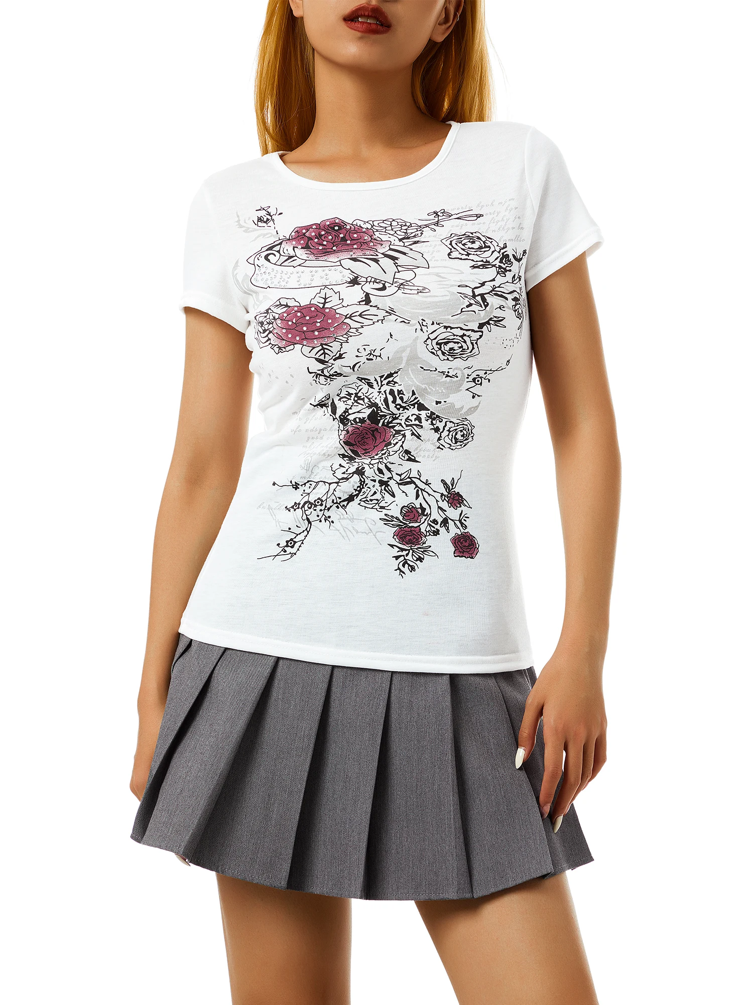 

Женские облегающие туники с коротким рукавом, футболки с круглым вырезом и графическим принтом розы, женские топы