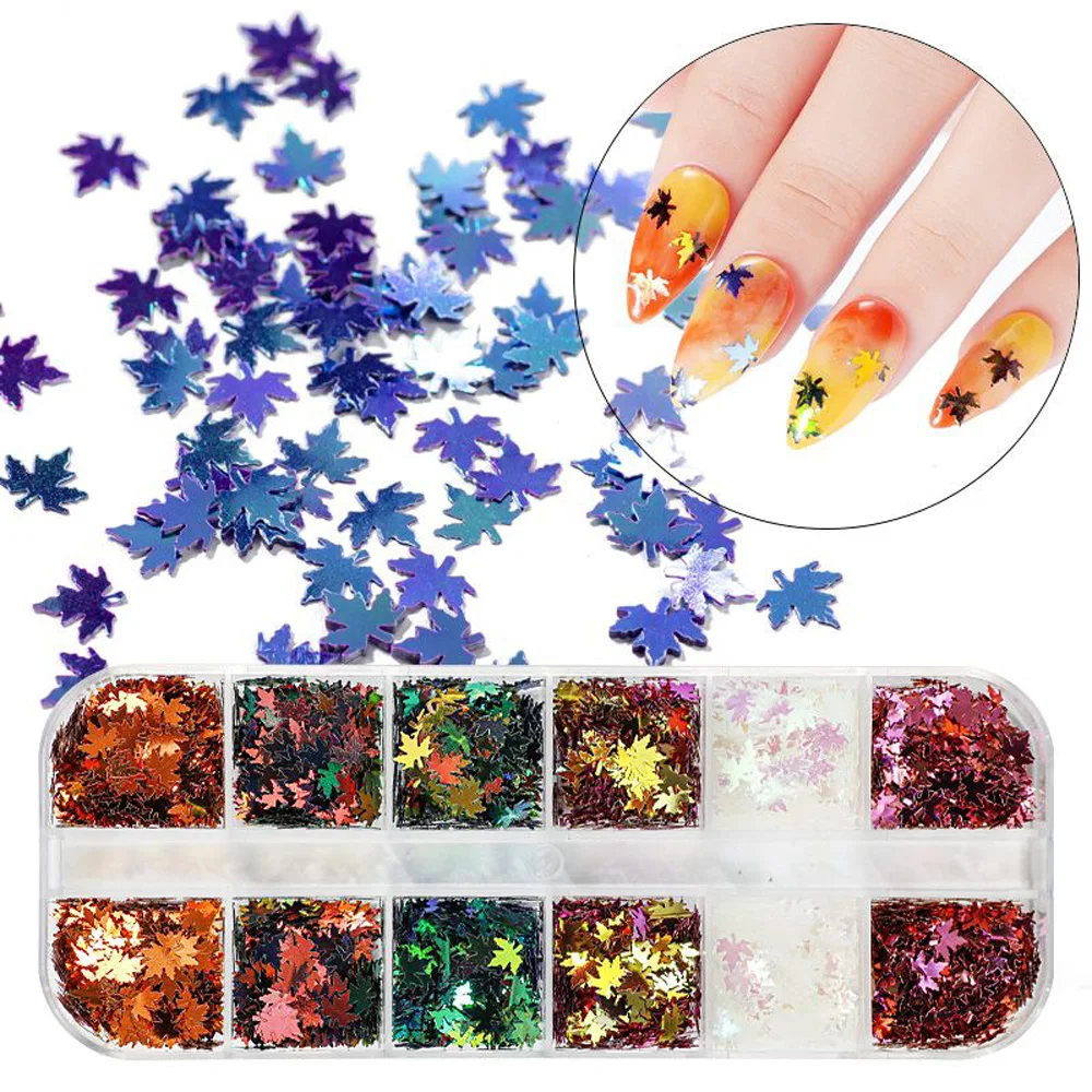 

12 Grids 1 Box Maple Leaf Nail Glitter Flakes 3D Round Dot Nail Glitter Sequins Nail Art Decal Manicure Nails Sequins DIY Tools