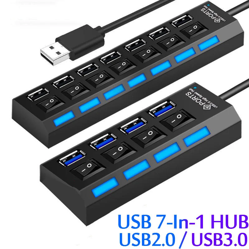 

USB 2.0 Hub USB Hub 2.0 Multi USB Splitter Hub Use Power Adapter 4/7 Port Multiple Expander USB 3.0 Hub with Switch 30CM Cable