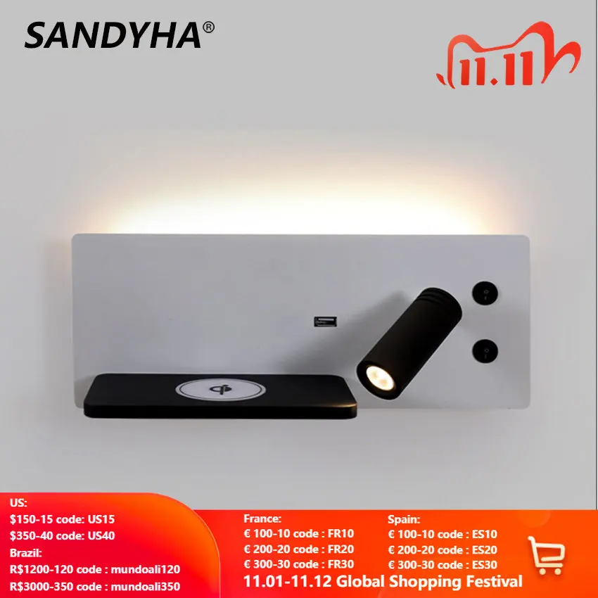 Купить Светодиодный настенный светильник для чтения SANDYHA, многофункциональная лампа для интерьера, с беспроводной зарядкой через USB, для телефона, ...