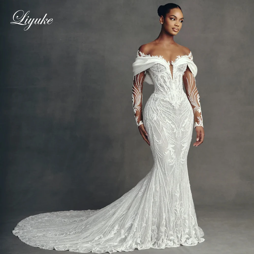 Фото Liyuke Роскошные свадебные платья русалки с вышивкой на заказ Robe De Marriage со съемным шлейфом 2 в 1, кружевные свадебные платья с трубой №1