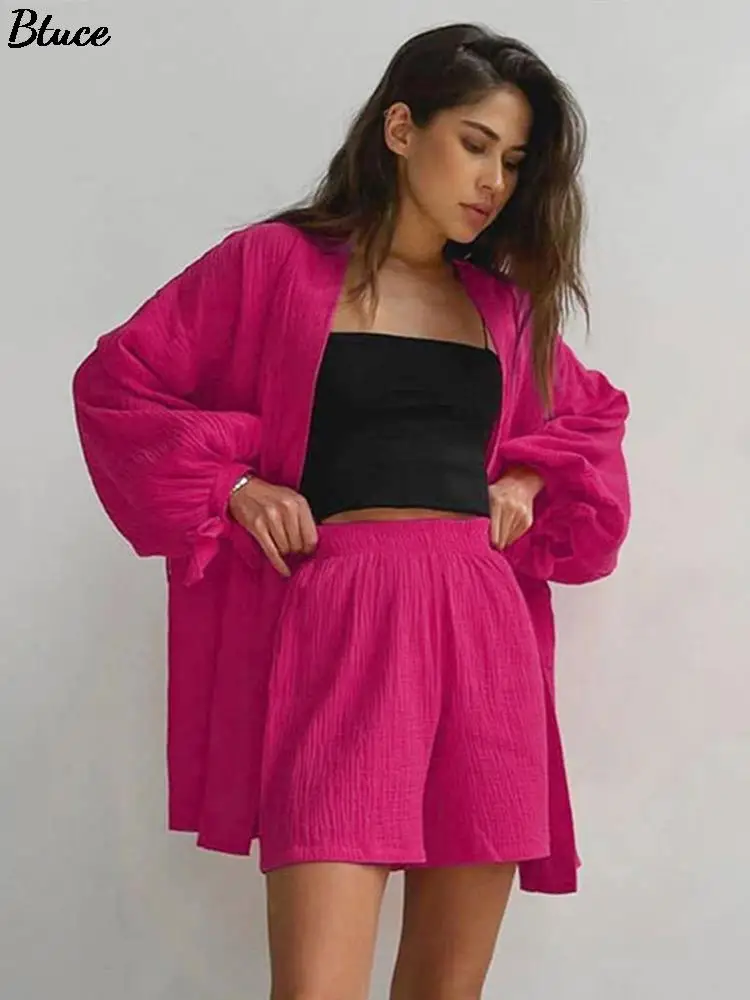

Women Solid 2 Piece Sets With Shorts Casual Lantern Long Sleeve Lace Up Robe Tops Suit Summer Loose High Waist Shorts Outfit