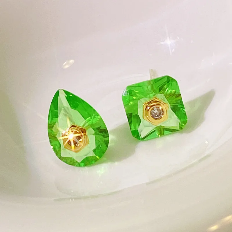 

New Asymmetrical Water Droplets Square Shape Emerald Green Blue Crystal S925 Silver Stud Earrings For Women Stone Jewelry