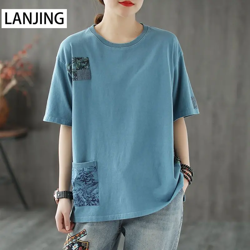 

cotton literary retro pocket short-sleeved t-shirt women's summer new loose top harajuku shirt Cotton Tees Cotton Tees